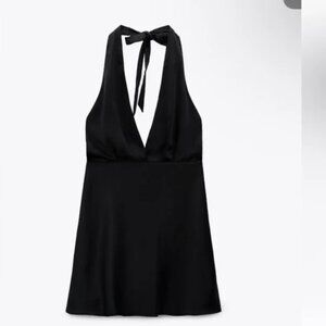 Zara mini black backless halter silk dress